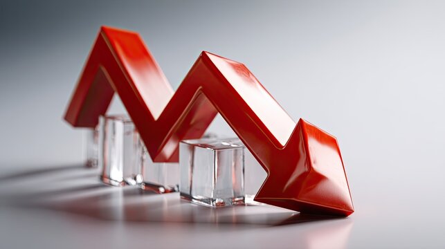 Economic Downturn: A vibrant red arrow sharply points downward, symbolizing a decline amidst a sea of economic challenges.