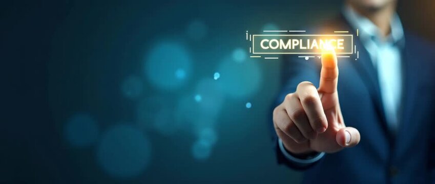 A business professional confidently presses a glowing compliance button, as the camera steadily tracks forward in a sleek, cinematic style, with ambient light flickering softly in the background.