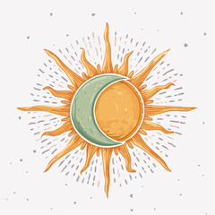 Illustration of a sun with a crescent moon in front of it.