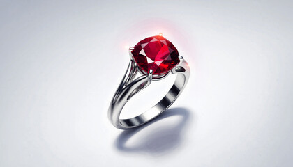 Elegant ruby ring with silver band on white background.