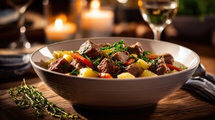 A bowl of hearty beef stew with potatoes, carrots, and herbs. The setting is warm and inviting, with candles and wine glasses in the background.