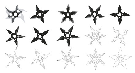 Obraz premium Collection of various ninja shuriken stars in different blade counts and styles including solid silhouettes and outlined versions.