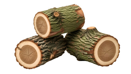 Three cut logs with bark and visible growth rings