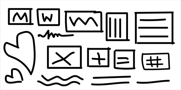 A collection of hand drawn symbols and mathematical notation marks