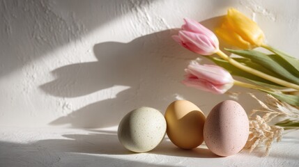 Colorful Easter eggs arranged with fresh tulips on a light background. The scene captures a festive spring atmosphere.