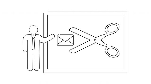 A presenter points to a frame showing scissors about to cut an envelope