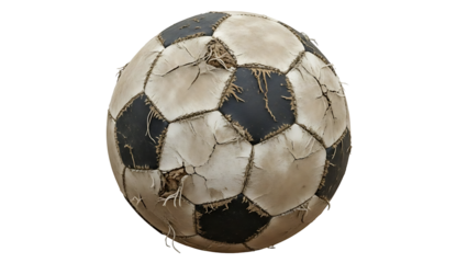 A worn and damaged soccer ball on transparent background