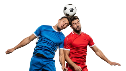 Two soccer players in blue and red jerseys heading a ball on transparent background