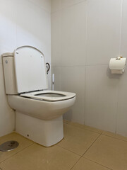 white toilet with lid up in a clean modern bathroom concept of plumbing hotel home decor