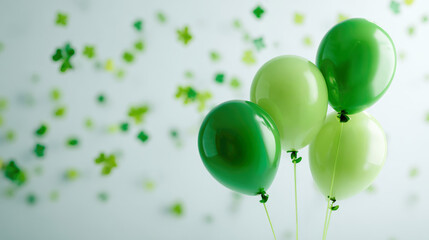 Four green balloons float against a light background with scattered green clovers. The scene evokes a festive atmosphere, suitable for celebrations.