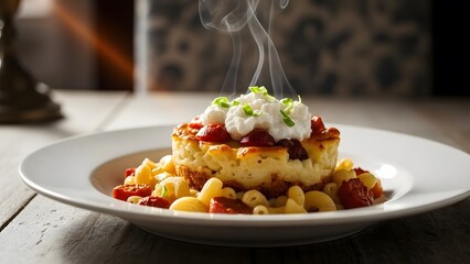 Steaming hot baked macaroni and cheese dish, exquisitely presented with fresh ricotta and vibrant chives, promising a rich and comforting culinary experience in an inviting setting