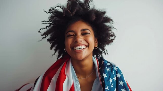 A joyful young woman wrapped in the American flag, laughing and celebrating freedom, diversity, and national pride. A powerful symbol of patriotism and positive emotion.