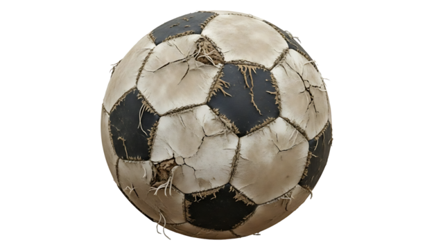 A worn and damaged soccer ball on transparent background - Powered by Adobe
