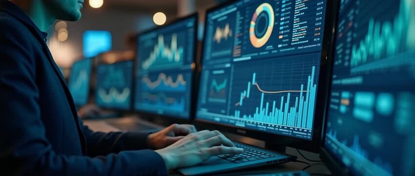 Analysts use computers to analyze and visualize complex data on a virtual screen. Big data technology and data science to gain insights and understand business analytics. artificial intelligence. conc