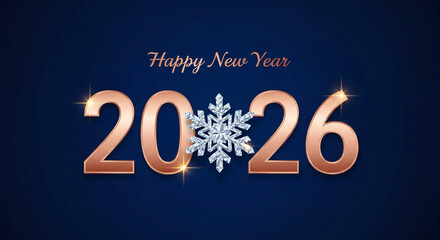 Illustration of "Happy New Year" with rose-gold numbers and diamond snowflake on navy background, representing celebration of the new year