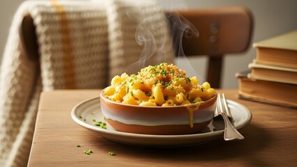 A steaming bowl of rich and creamy macaroni and cheese, garnished with fresh chives, served on a rustic wooden table in a warm and inviting setting, embodying comfort food