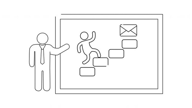 A presenter stands by a whiteboard showing a person climbing steps towards an envelope