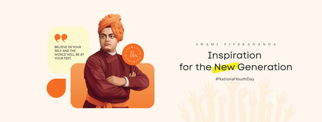 Swami Vivekananda Jayanti National Youth Day Inspirational Tribute Design on 12 January for Social Media Post, Web Banner, Poster, and Print