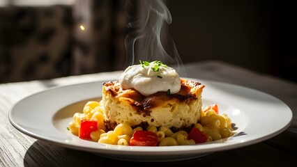Steaming Hot Cheesy Casserole with Pasta and Herbs on a Plate