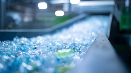Recycled plastic bottles flow on a conveyor belt showcasing sustainable industry practices