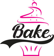 Elegant pink and black 'bake' script logo with cupcake silhouette and cherry top