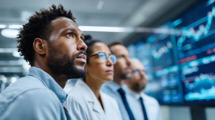 A diverse team looking at a giant digital dashboard in a high-tech office. Two graphs one rising sharply, one dropping overlap. Uncertainty and tension are visible in their express