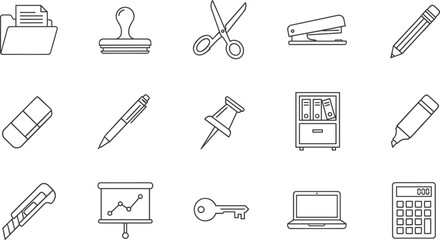Set of 15 minimalist office supplies icons, featuring folder, stapler, scissors, pencil, filing cabinet, laptop, calculator, and writing tools line art, on white.