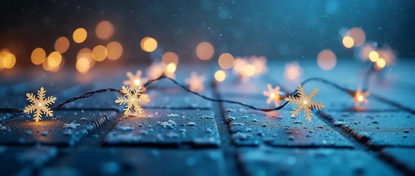 Snowflakes gently fall over glowing fairy lights on a cobblestone path, as the camera slowly pans, creating an enchanting, cinematic winter wonderland ambiance perfect for holiday themes.