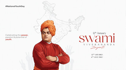 Swami Vivekananda Jayanti National Youth Day Inspirational Tribute Design on 12 January for Social Media Post, Web Banner, Poster, and Print