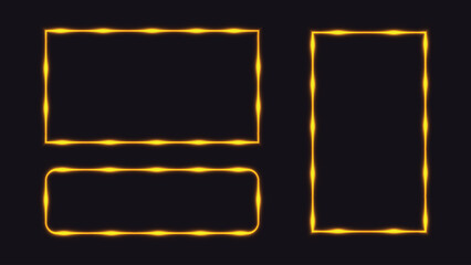 Set of glowing golden neon frames with various shapes and sizes on a dark background