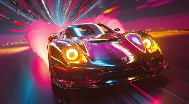 Neon supercar racing in a futuristic light tunnel, close-up front view with intense glow, colorful motion streaks and cinematic speed effect, high-end 3D render, 4K loop.