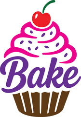 Colorful cupcake bake logo design with a sweet cherry on top, perfect for bakeries and dessert businesses