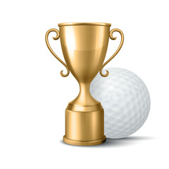 Vector 3d Golf Trophy Cup. Gold Trophy with Golf Ball Vector Illustration. Realistic 3D Winner Award for Championship, Tournament Prize, Sports Victory Symbol Isolated. Trophy, Champion Cup