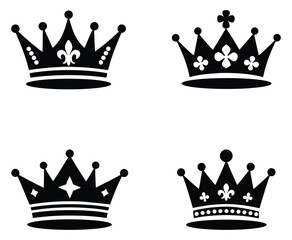 Set of black crown icons and silhouettes on white. set of crowns