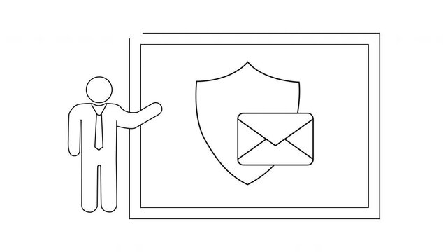 A whiteboard displays a shield icon over an envelope next to a person in a suit