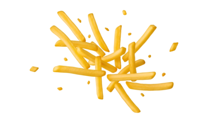 French fries in mid air on white background
