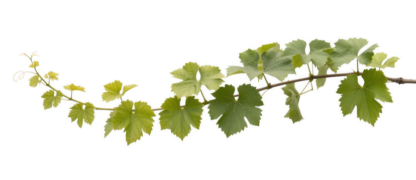 Light green grapevine leaves on a stem plant isolated on a transparent background