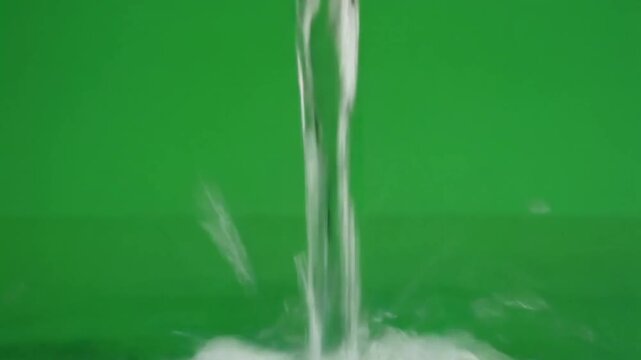 Macro green screen shot of water pouring from a narrow spout, ultra-smooth laminar flow turn 4k video