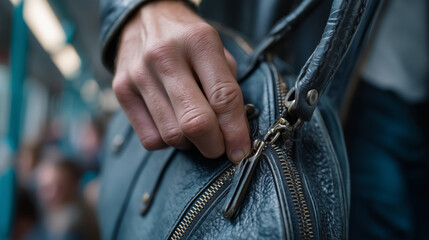Extreme close-up of hands during a crowded tram ride: one hand reaching into an open handbag while the owner grips a pole, unaware. Fingers are touching the zipper. Shot at waist l