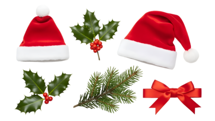 Christmas decoration elements with santa hat and holly