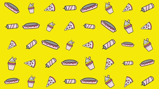 Fast food items pattern on yellow backdrop suitable for food blogs, menus, social media graphics, and restaurant promotions. Vibrant and appetizing.