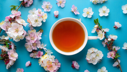 Tea Flowers Vibrant Colors Relaxation Nature Spring Morning A Cup Of Herbal Tea On A Blue Background Surrounded By Blossoms