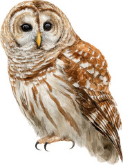 Naklejka premium Beautiful barred owl with stunning feathers and sharp talons isolated on transparent background