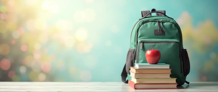 Photo realistic as Book and Backpack concept as A book next to a backpack set against a dreamy background offering ample space for text or graphics symbolizing the readiness and preparation for the sc