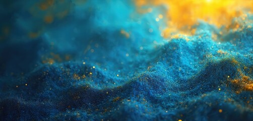 Abstract textured blue and yellow background with sparkling light particles. Dynamic swirling forms create a vibrant, energetic, and creative artistic composition.