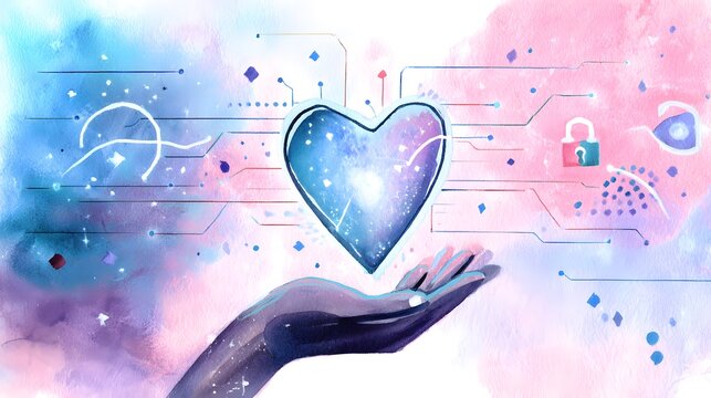 Glowing Heart Shield Represents Digital Security Innovation Artistic Watercolor Illustration - Powered by Adobe