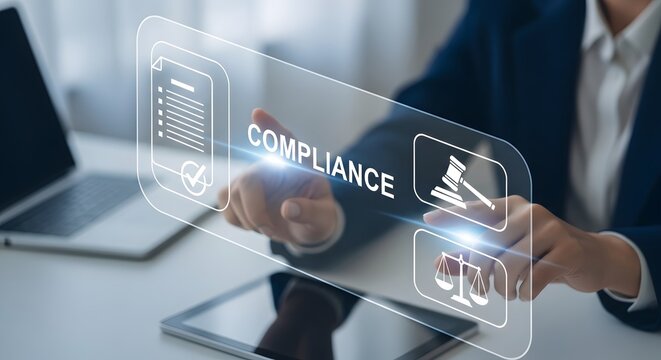 Illustration of business person interacting with a futuristic holographic interface displaying compliance icons and legal symbols in an office setting - Powered by Adobe