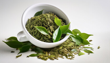White Cup Overflowing With Fresh Green Tea Leaves On A Plain Background