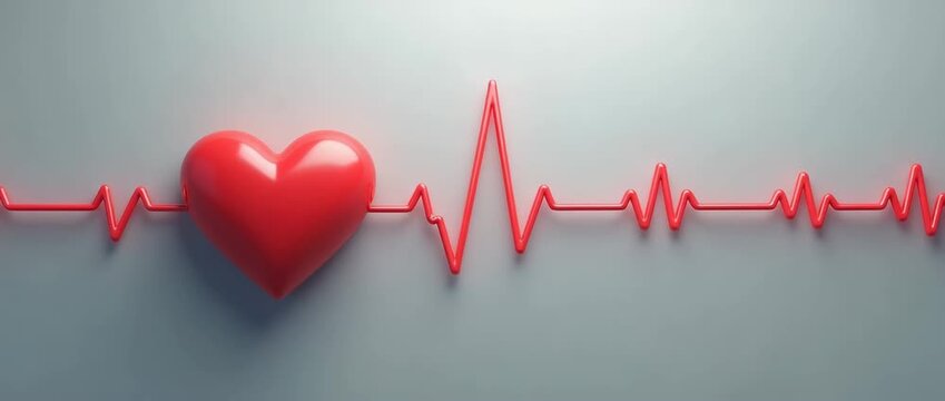 A red 3D heart pulses rhythmically against a smooth ECG line on a minimalist grey background, with the camera slowly panning to enhance the healthcare-themed scene in a cinematic style.