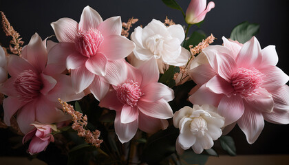 Stunning Pink And White Flowers Bloom Gracefully Against A Dark Background In A Serene Indoor Setting